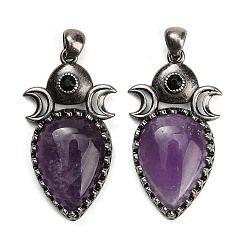 Amethyst Natural Amethyst Pendants, Brass Rhinestone Triple Moon Teardrop Bezeled Charms, Antique Silver, 44x24x7mm, Hole: 5x5mm