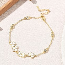 Real 18K Gold Plated Brass Pave Clear Cubic Zirconia Clover Envelope Link Bracelets, with White Enamel, Long-Lasting Plated, Rack Plating, Lead Free & Cadmium Free, Real 18K Gold Plated, 6.50 inch(16.5cm)