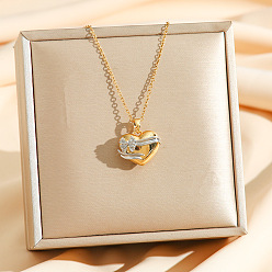 Настоящее золото 18K Латунные ожерелья с подвеской в виде сердца в виде банта, 304 из нержавеющей стали кабель цепи ожерелья, буксировочный тон, реальный 18 k позолоченный, 16.06 дюйм (40.8 см), Кулон : 15x17x9 мм