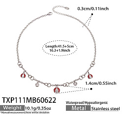 Stainless Steel Color 304 Stainless Steel Micro Pave Clear Cubic Zirconia Enamel Red Ladybug Pendant Necklaces for Women, Stainless Steel Color, 16.34 inch(41.5cm)