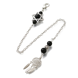 Обсидиан Круглые маятники для биолокации из натурального обсидиана, с реечным покрытием, фурнитура из латуни и сплавов, плетеная сеть/паутина с перьями и звездой Давида, 248 мм