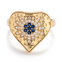 Golden Brass Micro Pave Cubic Zirconia Cuff Rings, Open Rings, Long-Lasting Plated, Heart with Flower, Blue, Golden, US Size 6, Inner Diameter: 17mm