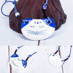 Cat Shape Ретро этнический фарфоровый кулон регулируемые ожерелья из полиэстерового шнура для женщин, синий и белый, форма кошки, 23.62 дюйм (60 см)
