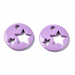 Medium Orchid Spray Painted Brass Charms, Flat Round with Star, Medium Orchid, 14.5x14.5x2.5mm, Hole: 2mm