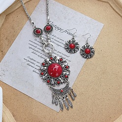 Цветок Винтажный этнический богемный стиль ожерелье из сплава и смолы и висячие серьги комплект, античное серебро, цветок, 500 мм