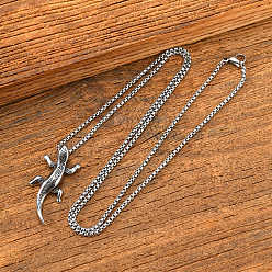 Antique Silver Vintage 304 Stainless Steel Pendant Necklaces for Men, Lizard, Antique Silver, 23.62 inch(60cm)