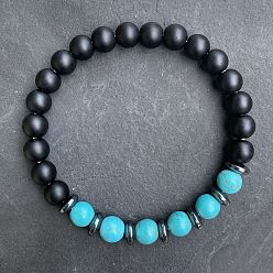 Синтетическая Бирюза Браслеты из натуральных синтетических бирюзовых и матово-черных круглых бусин для мужчин и женщин, с синтетическими немагнитных гематита бисера