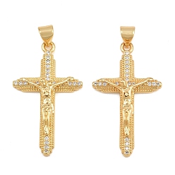Golden Easter Brass Micro Pave Clear Cubic Zirconia Pendants, Crucifix Charms, Cadmium Free & Lead Free, Golden, 32.5x19x5mm, Hole: 5x3mm