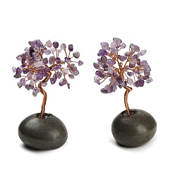 Amethyst Natural Gemstone Chips Tree of Life Display Decorations, with Porcelain Base and Copper Wire, Feng Shui Energy Stone Gift for Home Office Desktop Decoration, 60~68x68~80x100~112mm