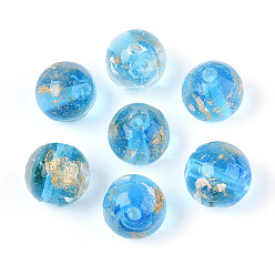 Темно-Голубой Ручной работы золотые и серебряные шарики фольги стекла, круглые, глубокое синее небо, 10~11 мм, отверстие : 1~1.4 мм