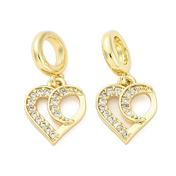 Настоящее золото 16K Латунное микропейв с кубическим цирконием европейские подвески с подвесками, сердце, Подвески с большими отверстиями, без кадмия и без свинца, реальный 16 k позолоченный, 19.5 мм, отверстие : 4.2 мм