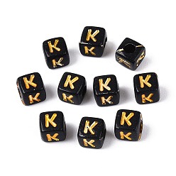 Letter K Непрозрачные акриловые бусины, золотой металл обвитыми, куб с письмом, чёрные, Письмо K, 4.5~5x4.5~5x4.5~5 мм, отверстие : 2 мм, Около 6250 шт / 500 г
