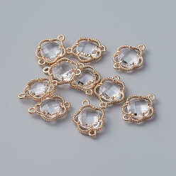 Прозрачный Соединители стеклянные ссылки, с фурнитурой Berzel с открытой спиной из экологически чистого сплава, граненые, цветок, золотой свет, прозрачные, 15.5x12x3 мм, отверстие : 1.4 мм