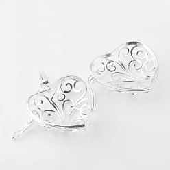 Silver Rack Plating Brass Cage Pendants, For Chime Ball Pendant Necklaces Making, Hollow Heart, Silver Color Plated, 31x33x15.5mm, Hole: 3x7mm, inner measure: 22x26mm