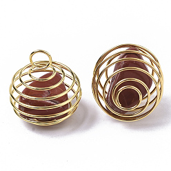 Mixed Stone Iron Wrap-around Spiral Bead Cage Pendants, with Natural & Synthetic Mixed Stone Beads inside, Round, Golden, 21x24~26mm, Hole: 5mm