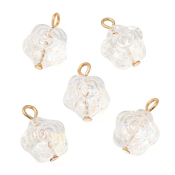 WhiteSmoke Glass Pendants, with Light Gold Brass Loops, Flower Charms, WhiteSmoke, 16~16.5x12x8mm, Hole: 2.2mm