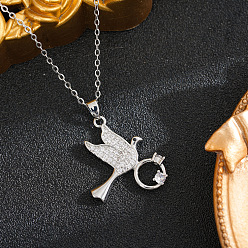 Silver Brass Pave Clear Cubic Zirconia Bird with Diamond Ring Pendant 201 Stainless Steel Cable Chain Necklaces for Women, Ion Plating(IP), Silver, 15.75 inch(40cm)