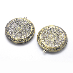 Brushed Antique Bronze Brass Locket Pendants, Photo Frame Charms for Necklaces, Cadmium Free & Nickel Free & Lead Free, Flat Round with Flower, Brushed Antique Bronze, 48x44x10mm, Hole: 2mm, Inner Size: 29mm
