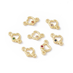 Mixed Color Brass Micro Pave Cubic Zirconia Links Connectors, Real 18K Gold Plated, Heart, Mixed Color, 6x9.5x2mm, Hole: 0.9mm