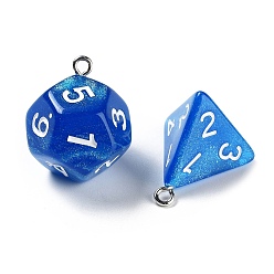 Blue 7Pcs 7 Styles Opaque Resin Polyhedral Dice Pendants Set, Multi-Sided Dice Charms with Platinum Plated Iron Loops, Mixed Shapes, Blue, 20~28x19~24x17~24mm, Hole: 2mm, 1pc/style