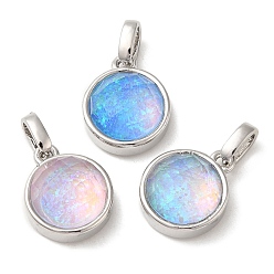 Mixed Color Rack Plating Brass with Synthetic Opal Pendants, Cadmium Free & Lead Free, Flat Round, Mixed Color, 14.5x11.5x6.5mm, Hole: 5mm