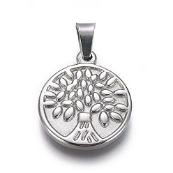 Stainless Steel Color Non-Tarnish 304 Stainless Steel Flat Round with Tree Pendants, Stainless Steel Color, 22x18x3mm, Hole: 6mm