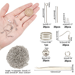 Stainless Steel Color SUNNYCLUE DIY Earring Making Kits, with 304 Stainless Steel Cable Chains & Bead Caps & Earring Hooks, Iron Tweezers and Brass Wide Band Ring Components, Stainless Steel Color, 3x2x0.5mm