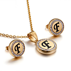 Letter F Плоский круглый с буквенным узором 304 ожерелье с подвеской из нержавеющей стали и серьгами-гвоздиками, золотые, Буква F, 450 мм