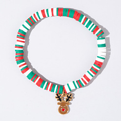 Олень Рождественские 304 браслеты из нержавеющей стали с эмалированными подвесками, Разноцветные браслеты из полимерной глины с бусинами хейши, эластичные, для женщин и мужчин., золотые, северный олень, 6.50 дюйм (16.5 см)