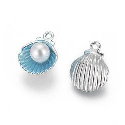 Deep Sky Blue Alloy Enamel Pendants, with Acrylic Pearl Beads, Shell, Platinum, Deep Sky Blue, 15x11.5x7mm, Hole: 1.4mm