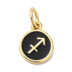 Черный Настоящие золотые латунные эмалевые брелоки 18 k, с целью перехода в кольце, долговечный, без свинца и без кадмия, плоский круглый с подвесками в виде Стрельца, чёрные, 10x8x1 мм, отверстие : 4 мм