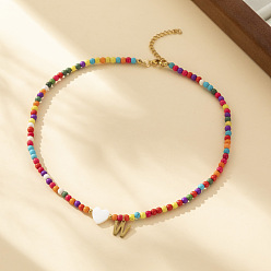 Letter W Ожерелья из круглых бусин в форме сердца из натуральных ракушек и разноцветных стеклянных семян, ожерелья шкентеля, 304 колье из нержавеющей стали, золотые, Буква W, 15.35 дюйм (39 см)