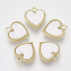 White Alloy Pendants, with Double Sided Plastic, Heart, Golden, White, 14.5x13x3~4mm, Hole: 1.8mm