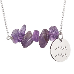 Водолей Ожерелья с подвесками в виде созвездий и кусочков натурального аметиста, 304 из нержавеющей стали Кабельные зажимы ожерелья, цвет нержавеющей стали, Водолей, 16.93 дюйм (43 см)