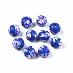 Medium Blue Handmade Polymer Clay Beads, Round with Flower, Medium Blue, 10~11x10mm, Hole: 1.5mm