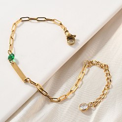 Зеленый 304 браслеты из нержавеющей стали, браслеты прямоугольные звенья для женщин и мужчин, с кубического циркония, реальный 18 k позолоченный, зелёные, 6-3/8 дюйм (16.1 см)