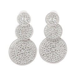 Platinum Brass Micro Pave Cubic Zirconia Stud Earrings, Flat Round, Platinum, 59x30mm