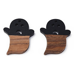 Black Halloween Theme Resin & Walnut Wood Pendants, Ghost, Black, 28.5x22.5x3mm, Hole: 1.8mm