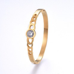 Golden 304 Stainless Steel Bangles, with Cubic Zirconia, Flat Round, Golden, 2-1/4 inch(5.7cm)x1-7/8 inch(4.8cm), 5~10.5mm