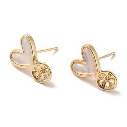 Golden Brass with Natural Shell Stud Earring Findings, Earring Settings for Half Drilled Beads, Heart, Golden, Tray: 5mm, 14.5x10.5mm, Pin: 11x0.7mm and 0.9mm