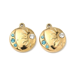 Настоящее золото 18K 304 из нержавеющей стали горный хрусталь подвески, плоский круглый с шармом солнца и луны, ионное покрытие (ip), реальный 18 k позолоченный, 18x15x3.5 мм, отверстие : 1.2 мм