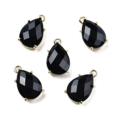Обсидиан Ограненные подвески из натурального обсидиана, стойки с позолоченными латунными подвесками-каплями, 17x10x6 мм, отверстие : 1.5 мм