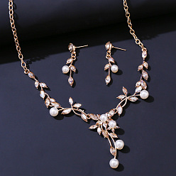 Сочный Персик Комплекты из ожерелий с подвесками из сплава листьев, страз и пластикового жемчуга и серег-гвоздиков, сочный персик, 480 мм