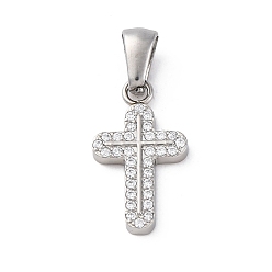 Нержавеющая Сталь Цвет 304 подвески из нержавеющей стали, с четким кубического циркония, крест прелести, цвет нержавеющей стали, 18.5x10.5x2 мм, отверстие : 5.9x2.7 мм
