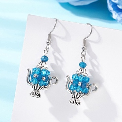 Синий Серьги с подвесками из стеклянного бисера, чайник-оберег, с окрашенным натуральным малазийским нефритом и 304 крючками для сережек из нержавеющей стали, античное серебро, синие, 46x19 мм