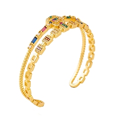 Rectangle Brass Pave Colorful Cubic Zirconia 2-Strand Open Cuff Bangles for Women, Golden, Rectangle, Inner Diameter: 2-1/8 inch(5.4cm)