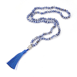 Blue Spot Jasper Polyester Tassel Pendant Necklaces, with Natural Blue Spot Jasper Beads and Metal Findings, Burlap Packing, Buddha, 30.31 inch~31.49  inch(77~80cm)