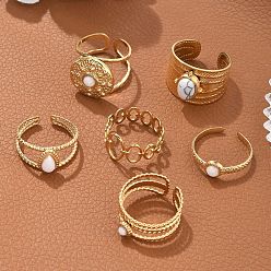 Настоящее золото 18K 6 шт. 6 овальные, плоские, круглые и каплевидные 304 набор открытых манжет из нержавеющей стали, штабелируемые кольца из натурального белого нефрита, реальный 18 k позолоченный, внутренний диаметр: 17~18.4 мм, 1 шт / стиль