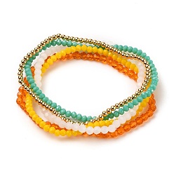 Mixed Color Stretch Bracelets Sets, Stackable Bracelets, with Real 18K Gold Plated Brass Beads and Glass Beads, Round & Rondelle, Mixed Color, Inner Diameter: 2-1/4 inch(5.8cm), 5pcs/set