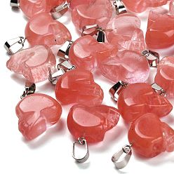 Вишневый Кварц Вишневое из кварцевого стекла подвески, из нержавеющей стали с цветным покрытием 201 защелки из нержавеющей стали на дужках, череп, 18~18.5x9.5~10x20~21 мм, отверстие : 7.5x4.5 мм